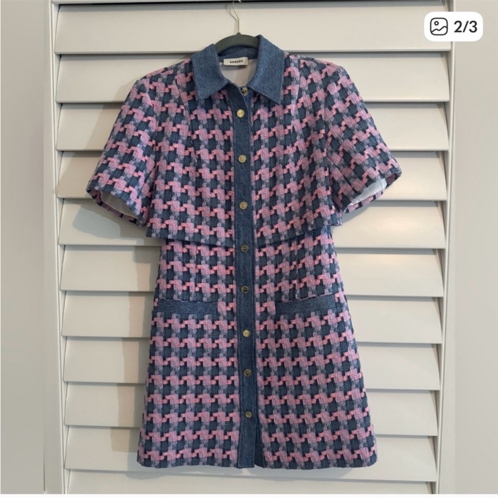 Sandro Amadora Pink and Blue Houndstooth Dress - Picture 2 of 3